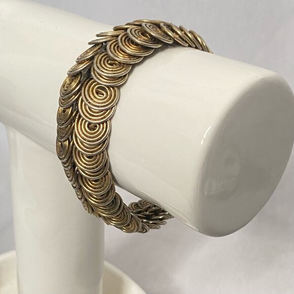 Brutalist Bracelet Bronze Geometric Entwined Wire Circles Fold Over Clasp - Picture 3 of 11